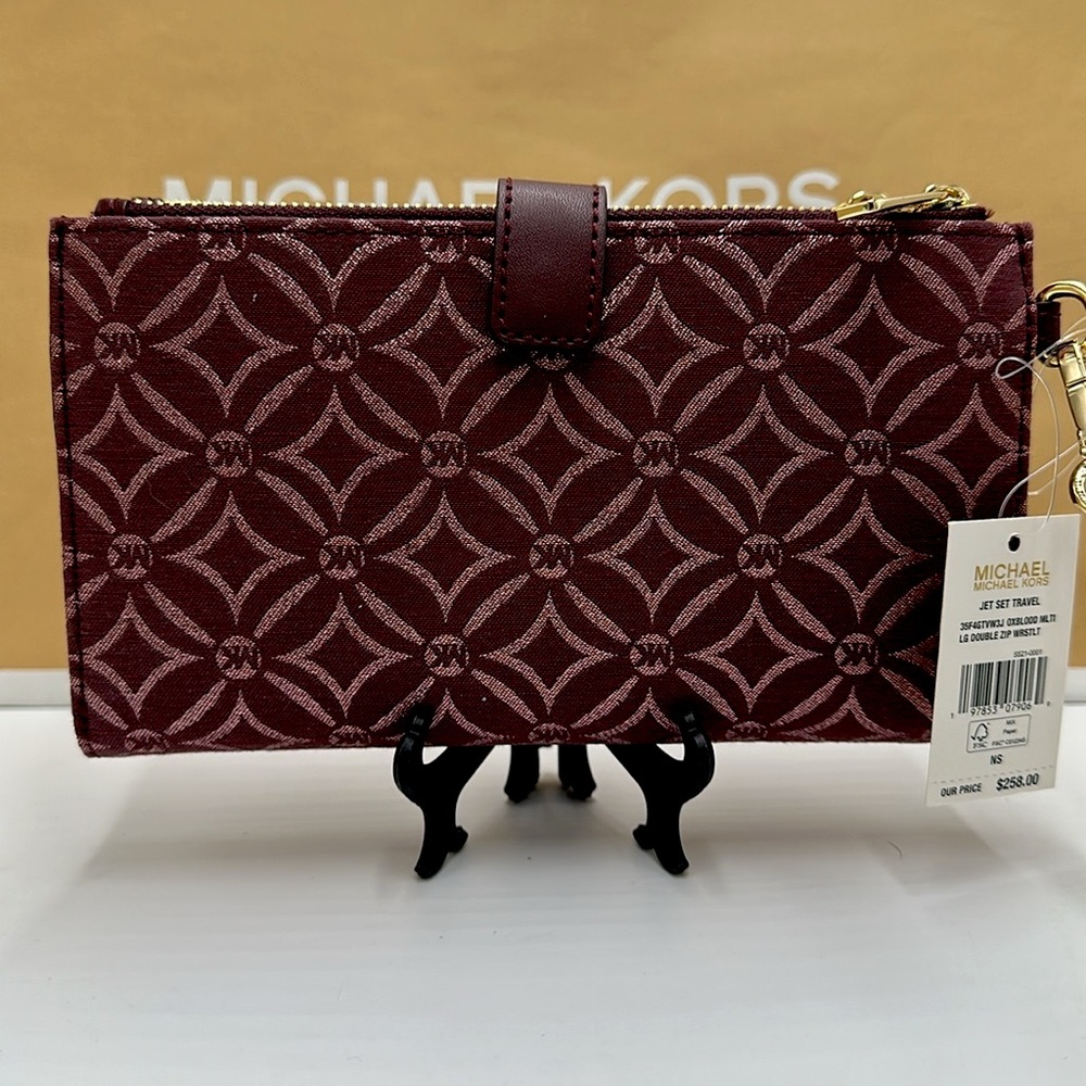 Michael Kors Jet Set Travel Lg Double-Zip Wristlet-Wallet-PhoneHolder Oxblood - Picture 2 of 15